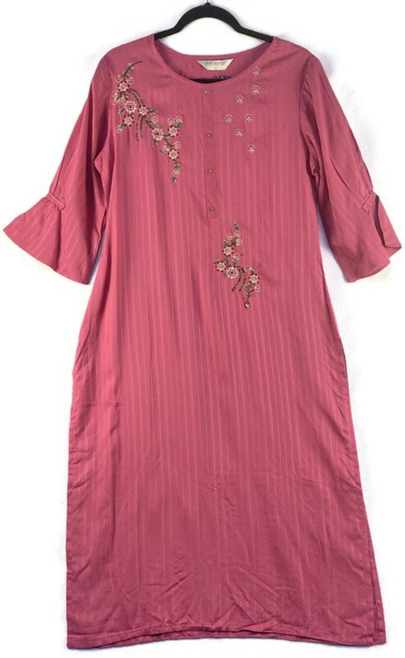 Pink Mirror Work Embroidered Dress Womens Large 3/4 Sleeve Boho NWT